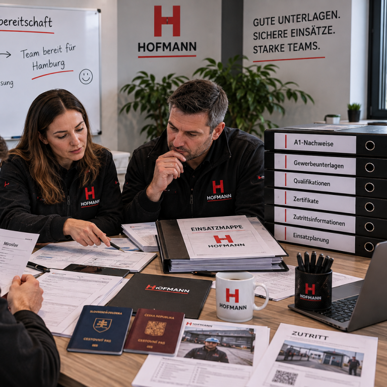 Prüfung von A1-Nachweisen, Gewerbeunterlagen, Qualifikationen und Zutrittsinformationen vor einem Montageeinsatz.