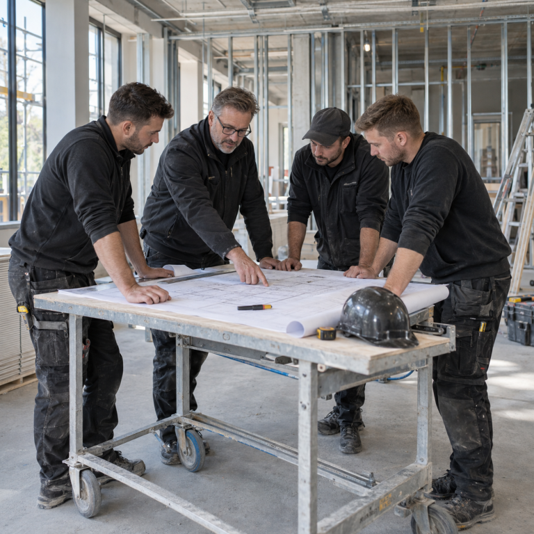 Projektleiter und Montageteam stimmen Arbeitsabläufe anhand eines Bauplans auf der Baustelle ab.
