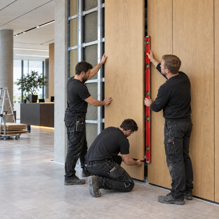 Montage von Holzwandpaneelen im Objektinnenausbau