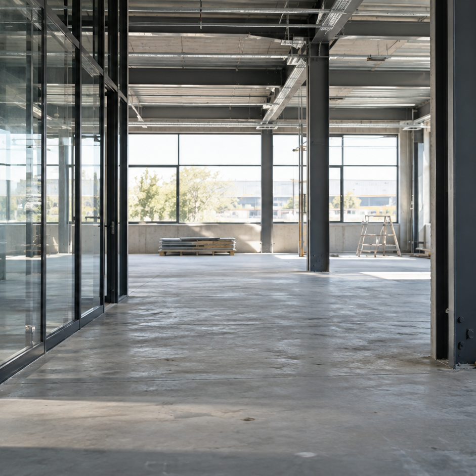 Moderner Industrie- und Ausbauprojektbereich Moderner Innenausbau mit Glaswänden und Stahlkonstruktion