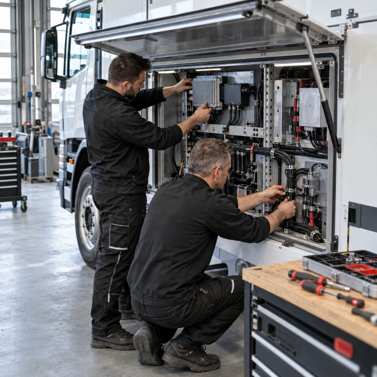 Zwei technische Monteure bei der Nachrüstung elektronischer Komponenten und Leitungssysteme in einem Nutzfahrzeug.