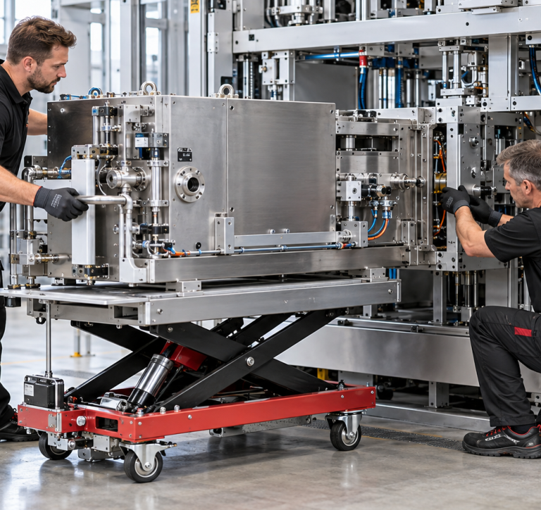 Montage einer technischen Maschinenbaugruppe mithilfe eines hydraulischen Hubtisches in einer Produktionshalle.