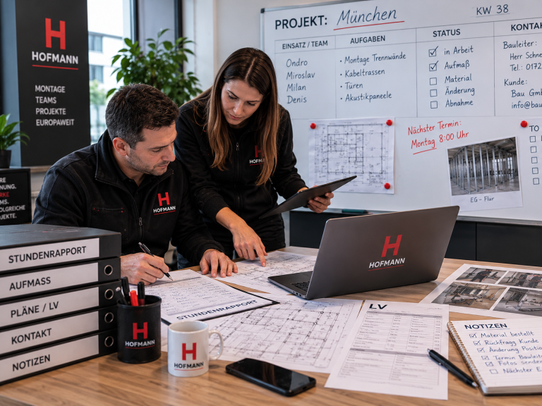 HOFMANN-PROJEKT dokumentiert laufende Montageprojekte mit Stundenrapporten, Aufmaß, LV, Plänen, Kontakten und Projektnotizen.