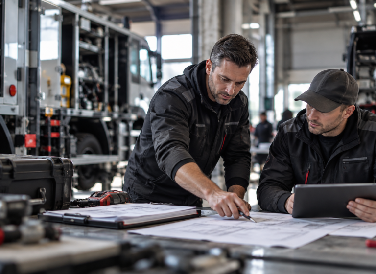 Projektleiter und Montageteam stimmen technische Arbeitsabläufe anhand von Plänen und Tablet ab.