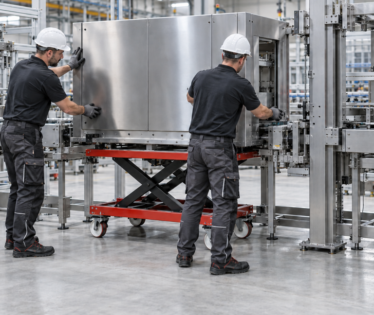 Zwei Industriemonteure positionieren ein Maschinenmodul in einer Produktionsanlage.