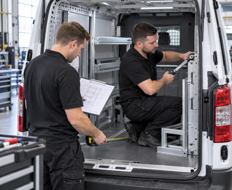 Zwei technische Monteure montieren einen Metallaufbau in einem Nutzfahrzeug und arbeiten dabei nach Zeichnung und festgelegten Maßen.