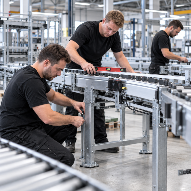 Drei Monteure richten eine Förder- und Intralogistikanlage in einer modernen Produktionshalle aus.