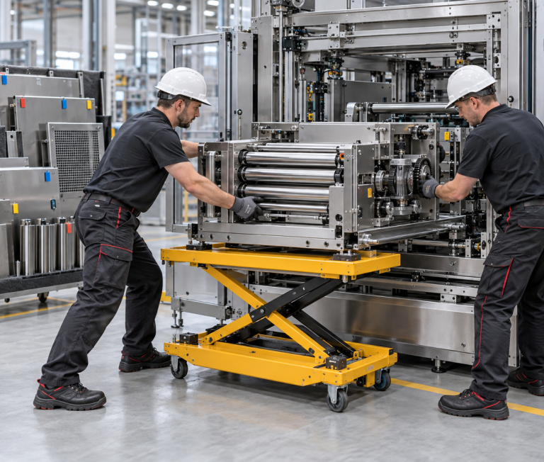 Zwei Industriemonteure setzen eine zuvor demontierte Baugruppe wieder in eine Produktionsanlage ein.