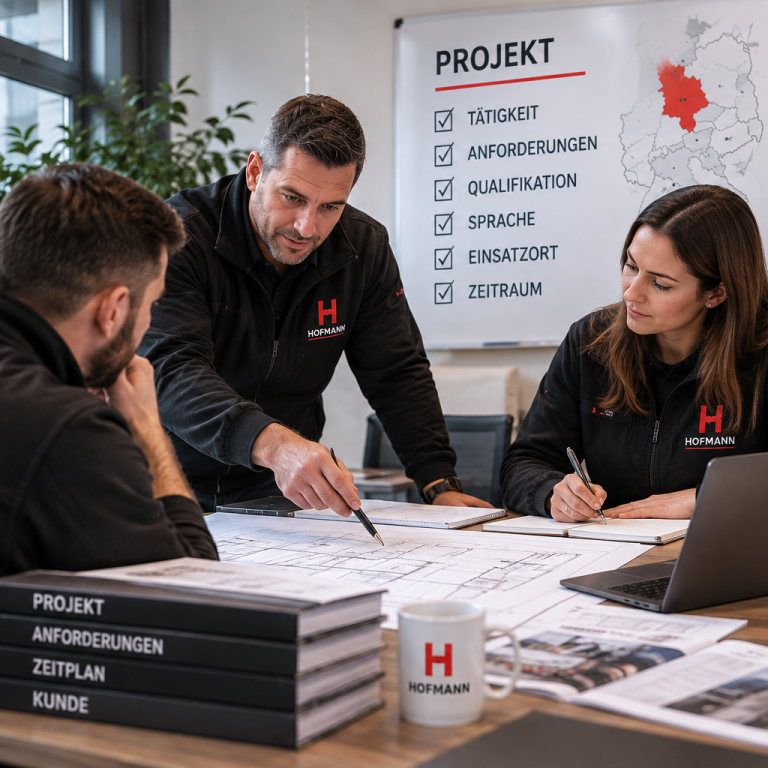 HOFMANN-PROJEKT stimmt Tätigkeit, Qualifikation, Sprache, Einsatzort und Anforderungen eines Montageprojekts ab.
