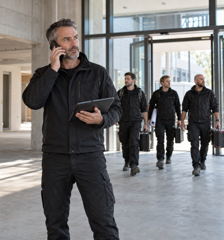 Projektleiter koordiniert den Einsatz, während das Montageteam mit seiner Ausrüstung am Projektstandort eintrifft.