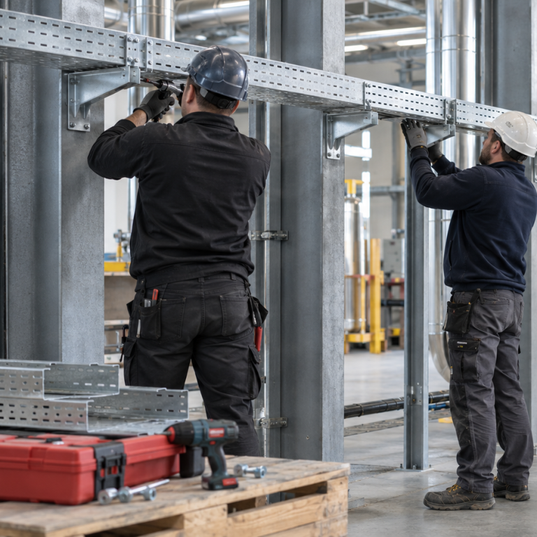 Monteure bei projektbezogenen Industrie- und Elektromontagearbeiten in einer gewerblichen Halle.