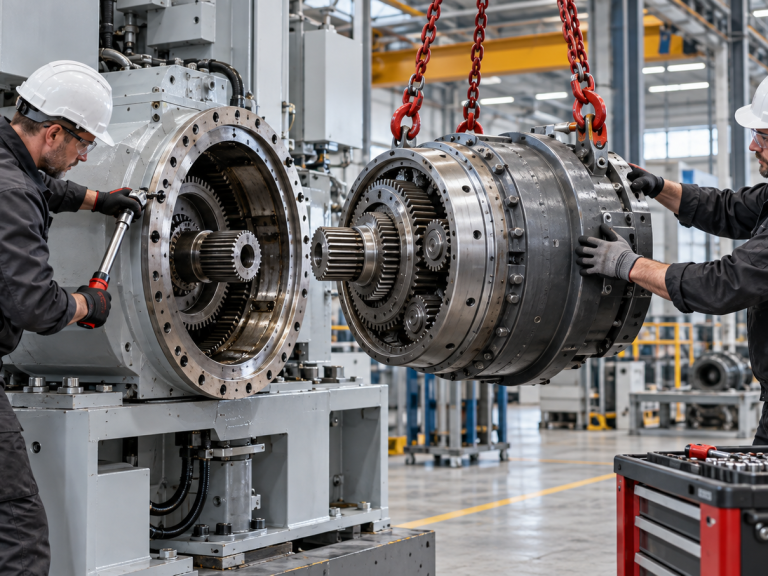 Zwei Industriemonteure demontieren eine Maschinenbaugruppe mit einem Kettenzug