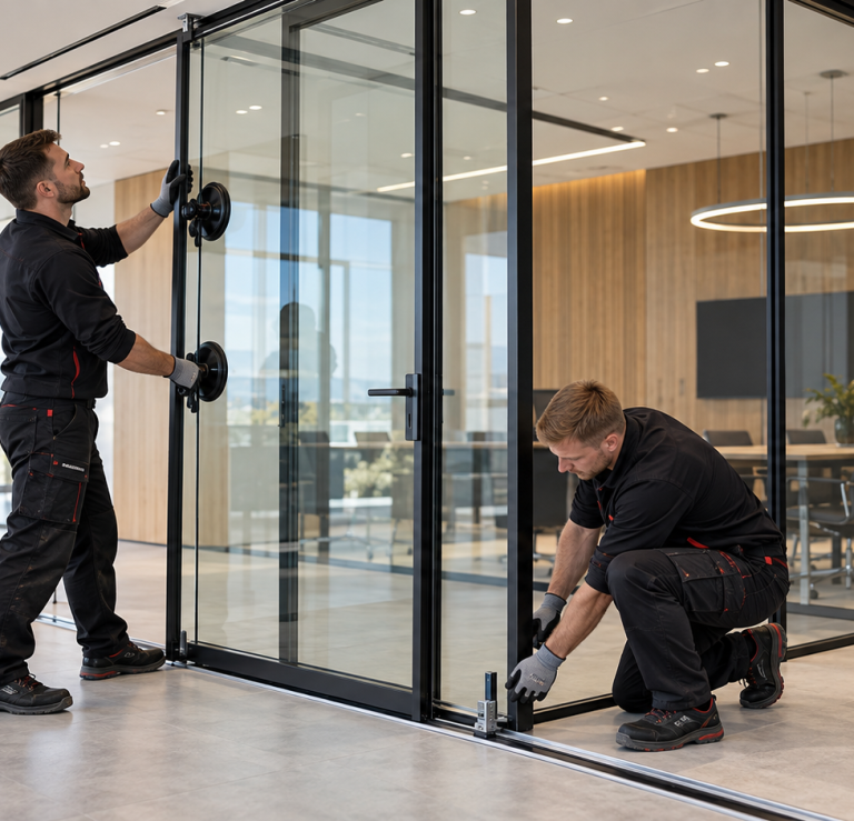Montage eines Glastrennwandsystems mit Türrahmen und Bodenschiene im modernen Objektinnenausbau.