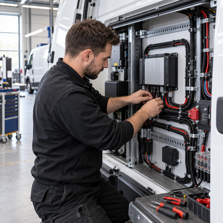 Technischer Monteur bei der Montage von Steuerleitungen und elektronischen Komponenten in einem Nutzfahrzeug.