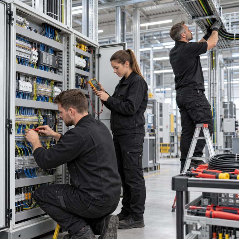Drei Elektriker verdrahten eine industrielle Schaltanlage, prüfen Stromkreise und verlegen Leitungen in einer Kabeltrasse.