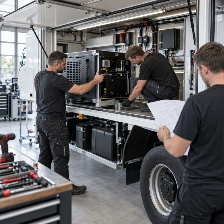 Drei Monteure bauen ein technisches Aggregat und elektrische Systemkomponenten in ein Nutz- und Sonderfahrzeug ein.
