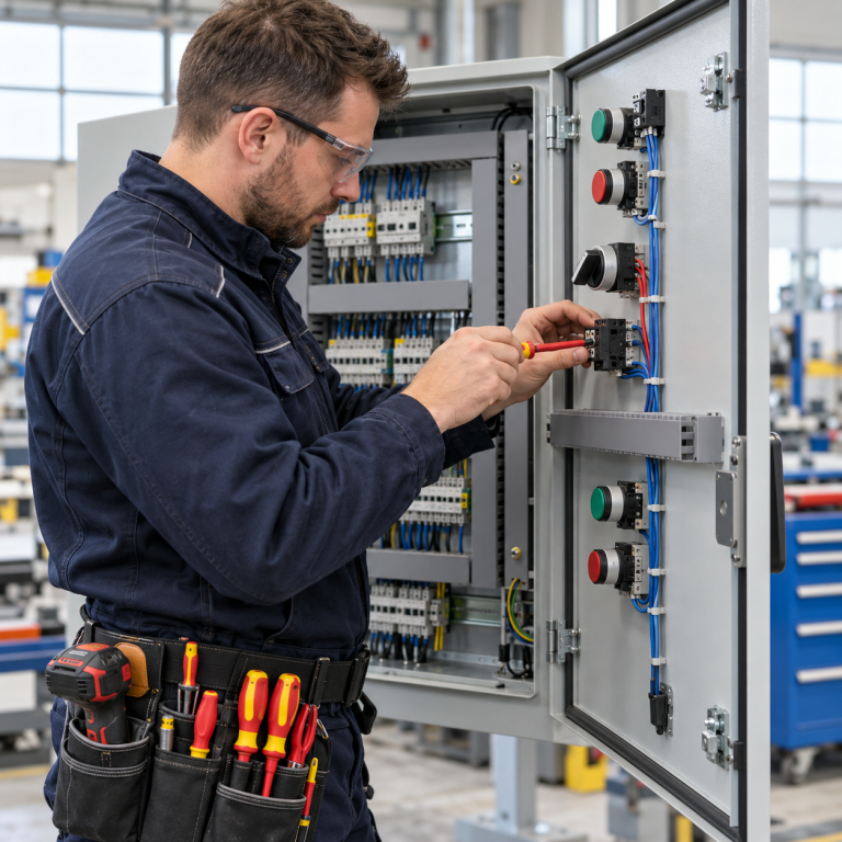 Elektriker mit Werkzeuggürtel arbeitet mit einem isolierten Schraubendreher an einem Bedienelement einer geöffneten Schaltschranktür.