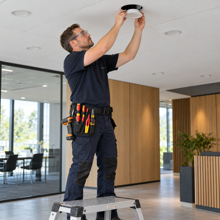 Elektriker mit Werkzeuggürtel und Akkuschrauber setzt einen LED-Deckenspot in eine abgehängte Decke ein.