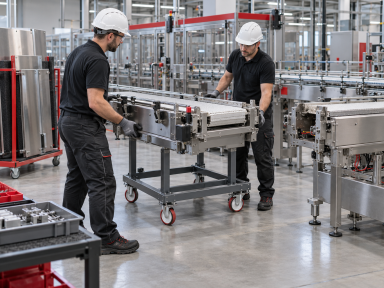 Zwei Industriemonteure transportieren ein demontiertes Fördermodul auf einem Montagewagen aus einer Produktionslinie.