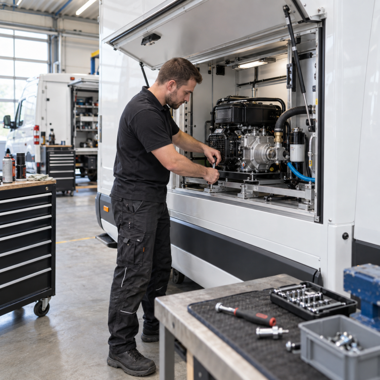 Technischer Monteur beim Einbau eines mechanischen Aggregats in ein Nutzfahrzeug.