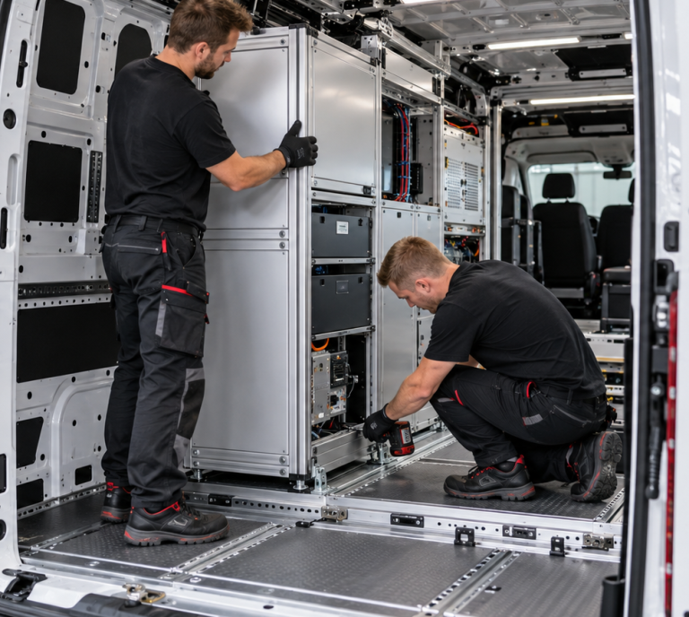 Montage technischer Fahrzeugeinbauten nach Zeichnung, Stückliste und abgestimmter Arbeitsanweisung.