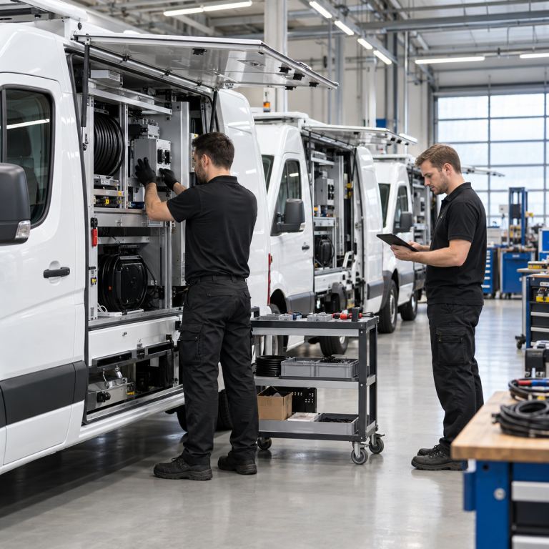 Zwei technische Monteure bei standardisierten Montage- und Nachrüstungsarbeiten an mehreren Nutzfahrzeugen.