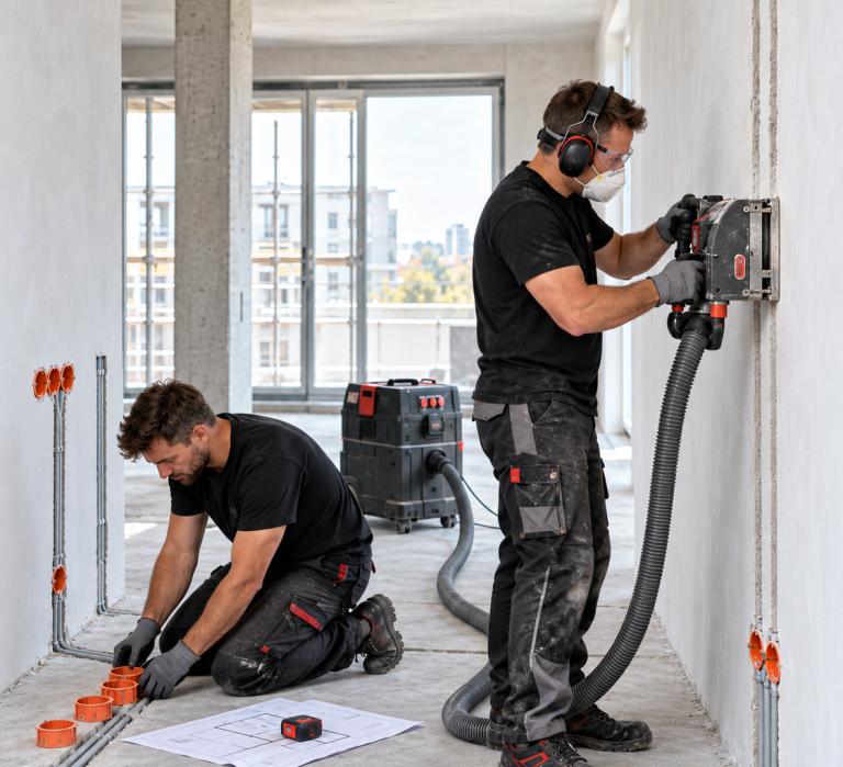 Elektroinstallation im Rohbau mit staubabgesaugter Wandschlitzfräse und Montage von Unterputzdosen nach Installationsplan.