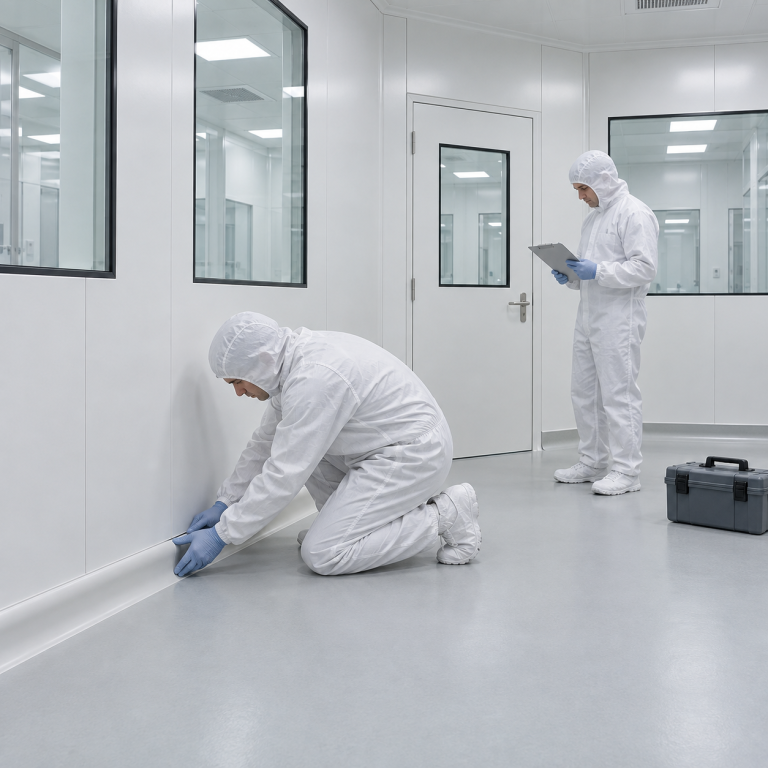 Zwei Monteure in weißer Schutzkleidung arbeiten in einem Raum mit glatten Wandpaneelen und verglasten Türen.