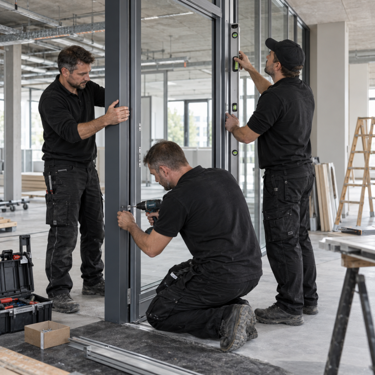 Drei Monteure bei der Montage eines Tür- und Trennwandsystems in einem gewerblichen Innenausbauprojekt.