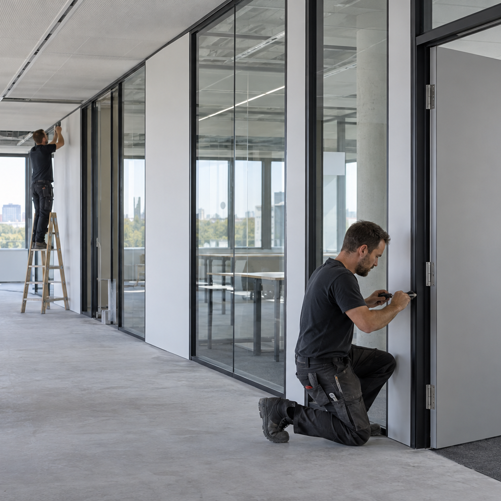Monteure installieren Systemwände und Türelemente in einem modernen Bürogebäude